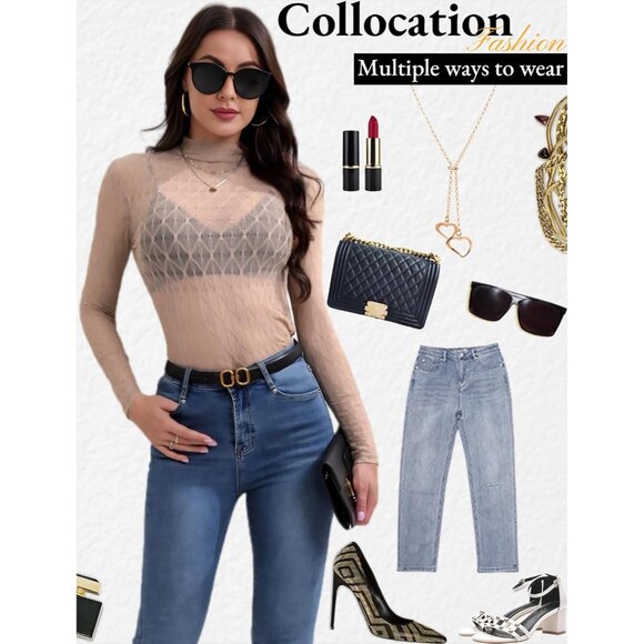 🆕 Women Pink Long Sleeve Mesh Top Lace Mock Neck See Through Fitted Sexy Out - Picture 5 of 7